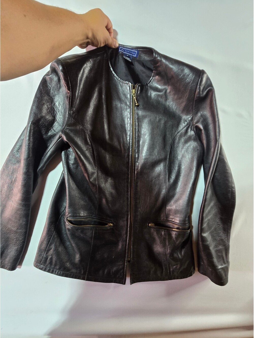 Vintage My Clothes Black Genuine Leather Zip Jacket Size S Flawed